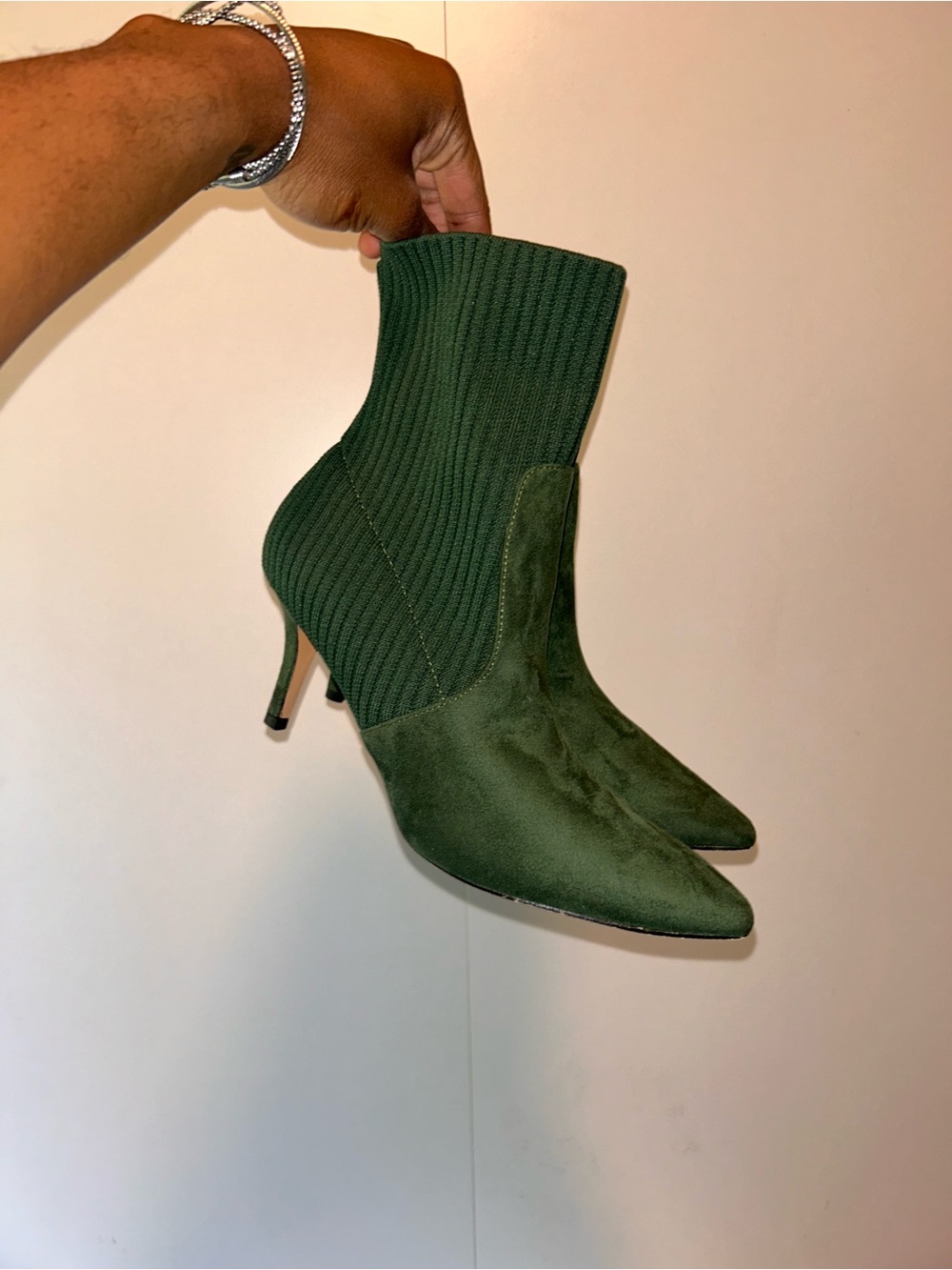 Green Knit Sock Pointed-Toe Stiletto Booties